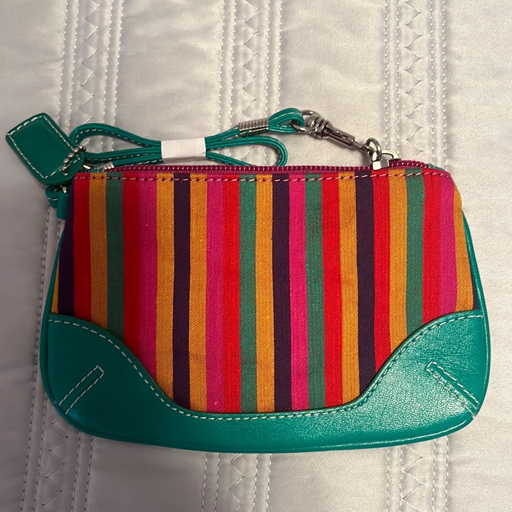 Wristlet - 6 1/2” x 4” multi-colored stripe & green leather trimmed wristlet.